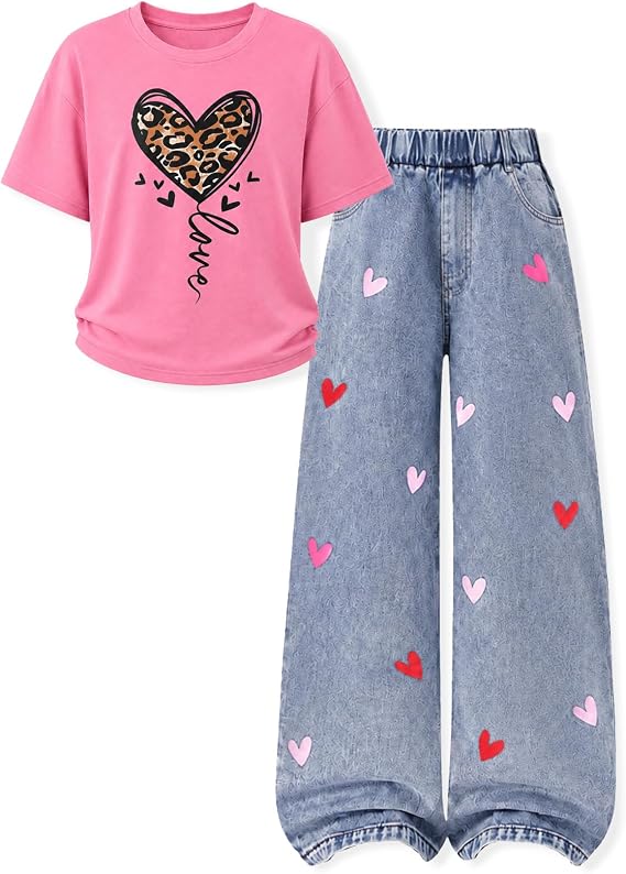 トゥイーンガール服 2ピースアウトフィット 半袖 + ハート型プリントデザイン ジーンズパンツ 春秋服 13-14歳