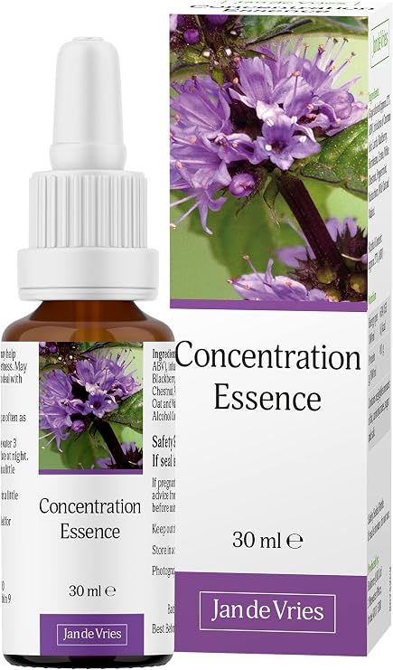 Jan De Vries Concentration Essence | Flower Essence | Quieten a Busy Mind | Focus on Specific Thoughts| Contains Peppermint, Nasturtium & Hornbeam | 30ml