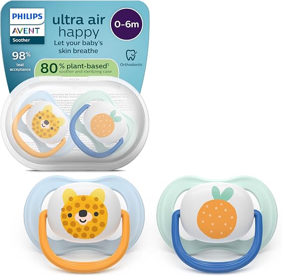 Philips Avent Ultra Air Pacifiers: Anatomically Designed for Babies 0-6 Months, Soft Silicone Symmetrical Teat BPA-Free with Sterilizer Case, 2-Pack SCF080/23