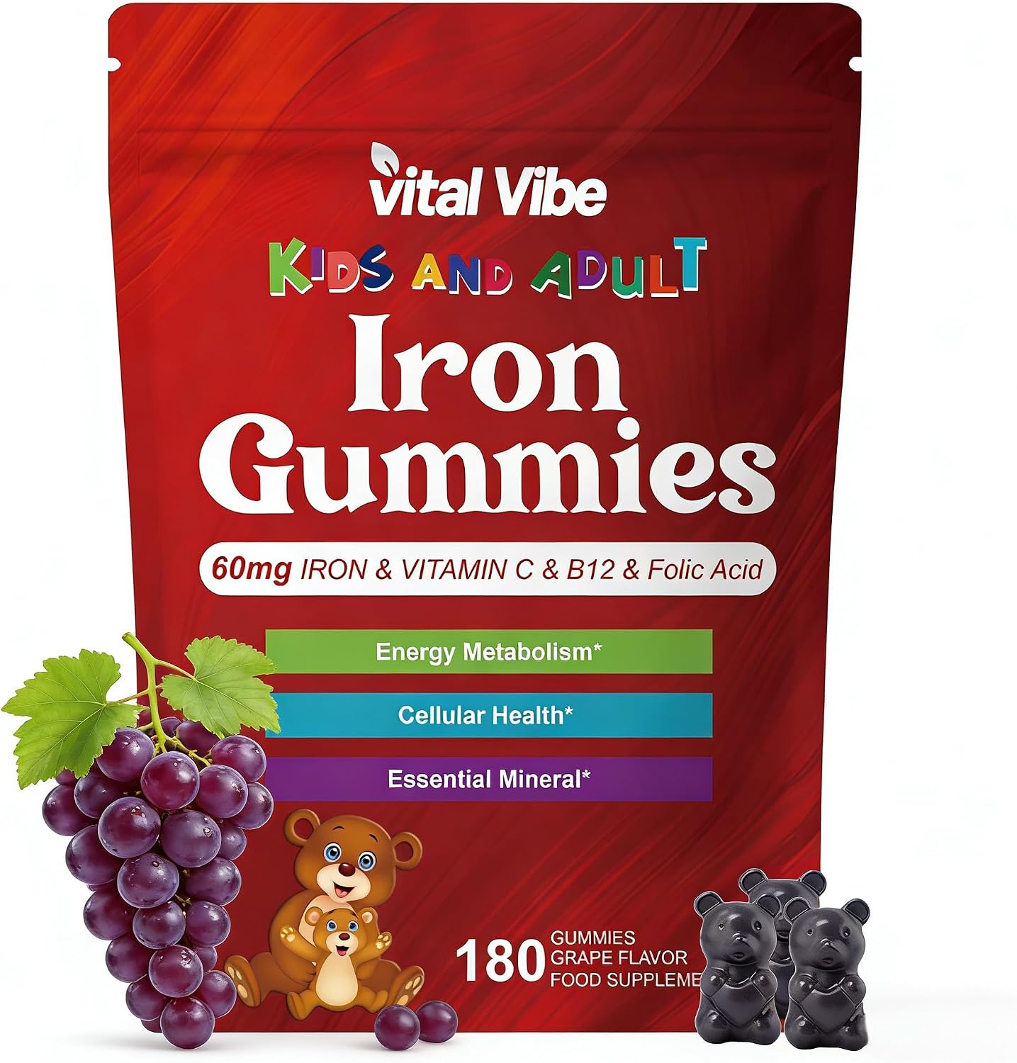 Iron Supplements for Kids with Vitamin C - 60 Days Supply - 180 Vegan Iron Gummies for Kids & Adult - Natural Grape Flavour - Vitamins C & B12 - Support Energy & Immune & Sleep