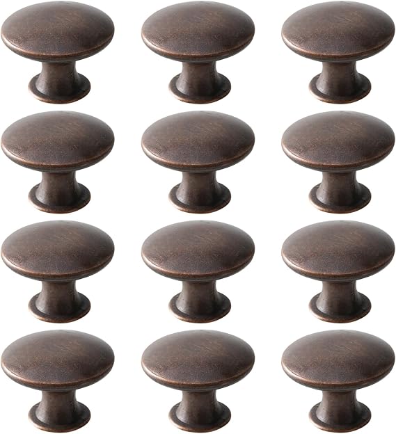 Cabinet Door Knobs Antique Copper, 12 Pack Round Metal Cupboard Handles Kitchen Cabinet Pulls with Screws for Chest of Drawers Furniture Dresser Door, 30x21mm
