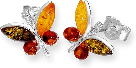 925 Sterling Silver & Multicolor Baltic Amber Butterfly Stud Earrings