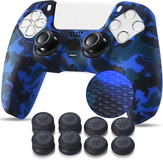 YoRHa Studded Printing Silicone Rubber Customizing Skin Cover for PlayStation 5 PS5 Controller x 1(Dark Blue) With Pro thumb grips x 10