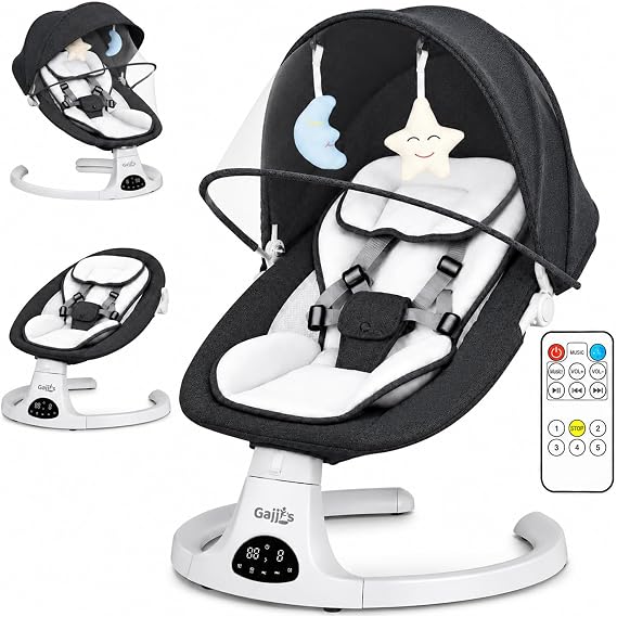 Baby Bouncer, Portable Electric Baby Swing with Bluetooth, 5 Swing Speed, 3-Stage Timer, 5-Point Harness, Remote Control & Touch Panel, Bouncer from Birth with 2 Soft Toys & Soft Pillow (Black)