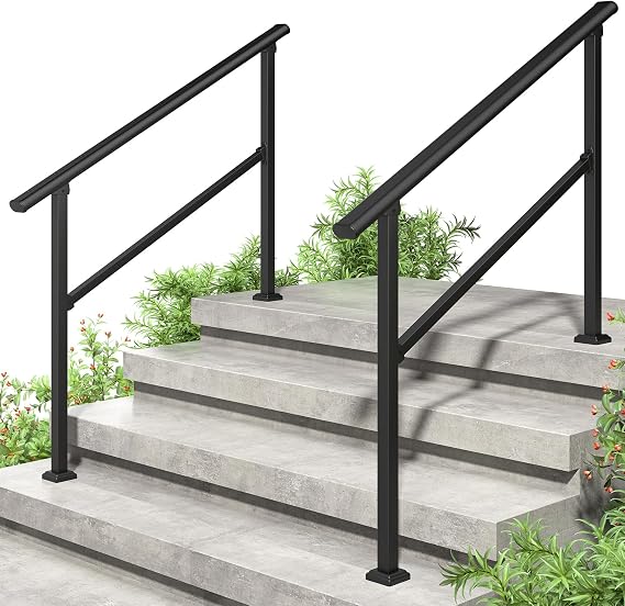 ROOMTEC 2 Pack 4 Step Handrails for Outdoor Steps, Safety Outdoor Hand Rails for Exterior Steps, Black Wrought Iron Stair Railing Kit (3-4 Steps Handrail)