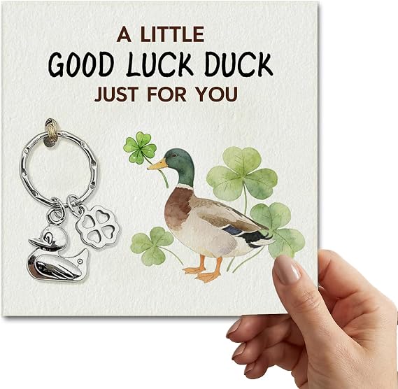 Good Luck Duck Keychain & Card Gift Set - A Little Good Luck Duck Just For You with Four-Leaf Clover Charm, Encouragement Present for Friends Family, Exam Luck Small Birthday Gift for Women