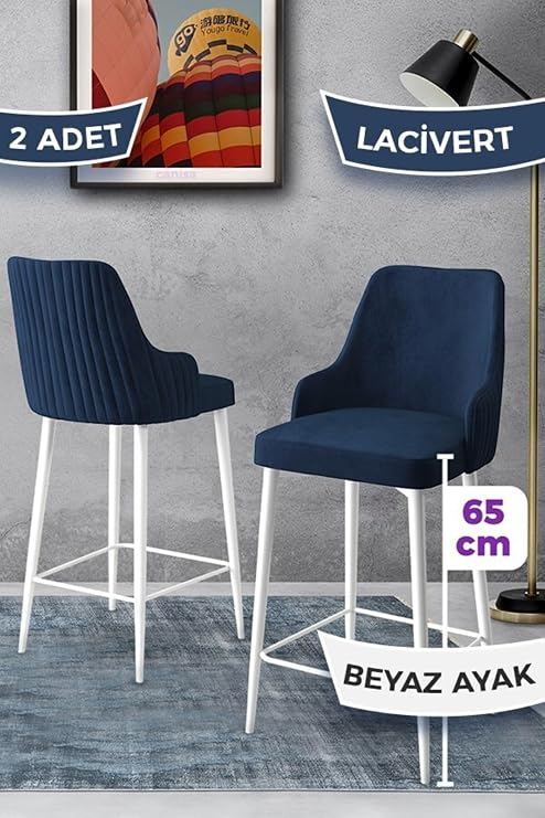Tera Serisi 2 Lacivert Sandalye, 65 cm, Babyface Kumaş, Beyaz Metal Ayaklı, Mutfak Bar Sandalyesi
