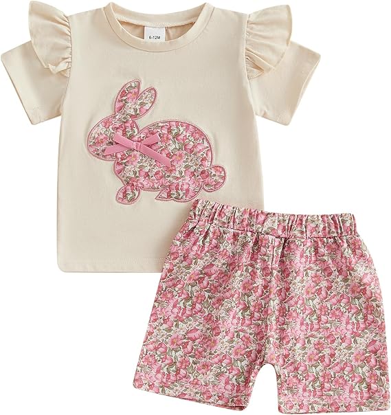 BemeyourBBs 幼児 女の子 イースター衣装 ベビー ガール バニー 半袖 Tシャツ 花柄 ショーツ セット キュート 春服