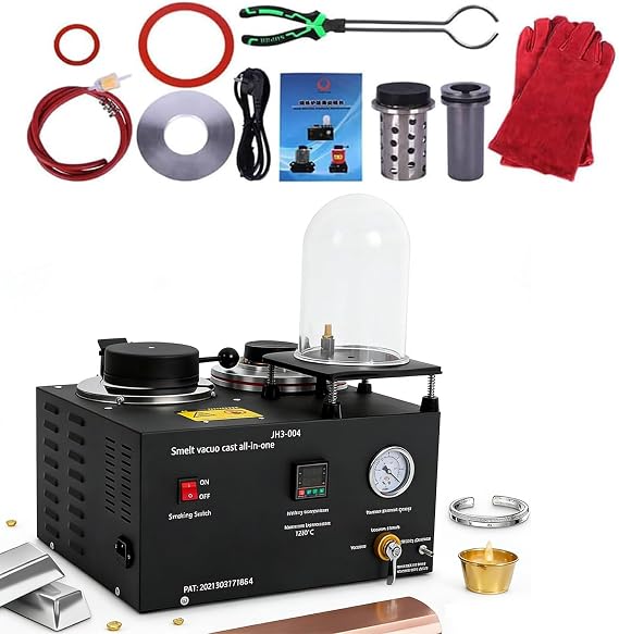 Digital Vacuum Casting for Jewelry, 1500W / 1750W Scrap Metal Refining Furnace, 3kg / 6.6LBS Vacuum Casting Machine, 1250℃ / 2102°F PID Control, All-in-One Lost Wax Casting Machine for Copper Brass