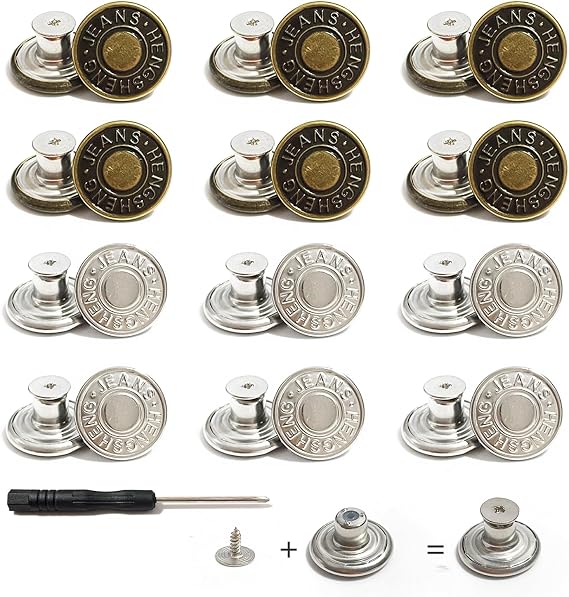 12 PCS Jean Buttons, 17mm No Sew Adjustable Jeans Buttons, Removable Metal Button with Screwdriver Replacement Jean Button, for Jeans, Pants, Bags, Denim Clothing (Bronze+Silver)
