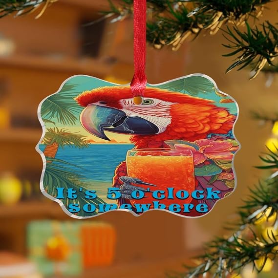 It's Five O'clock Somewhere Christmas Tree Ornament Tropical Flamingo Hawaiian Aloha Custom Keepsake Clear Acrylic Discs Tiki Bar Pool Hot Tub Luau Christmas Bauble Tree Decoration Gift Tag