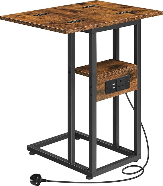 HOOBRO Foldable Side Table, Bedside Table with Charging Station, C Shaped Side Table with Storage Shelf, Slim Sofa Table Small Tables Laptop Tables for Small Space, Rustic Brown and Black EBF29KSF01