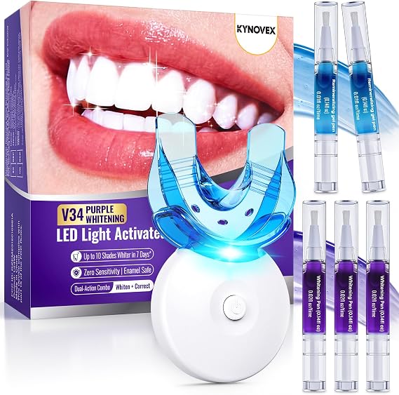 Teeth Whitening Kit with LED Light – 35% Pap + V34 Purple Colour Corrector – 3 Whitening Pens + 2 Desensitising Gel Pens – Instant Brightness & 7-Day Whitening – Enamel-Safe