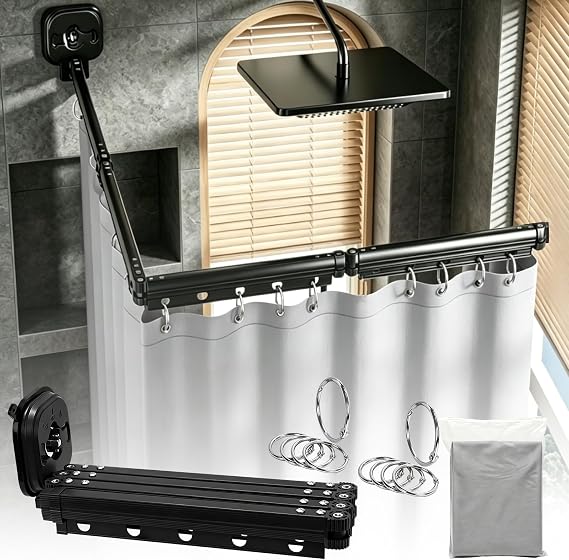 Folding Shower Curtain Rail, 4-Fold Multi-angle Adjustable No-Drill Corner Rail with Waterproof Thick Linen Shower Curtain, Wall-Mounted Corner Rod for Bathroom, RV, Laundry Room