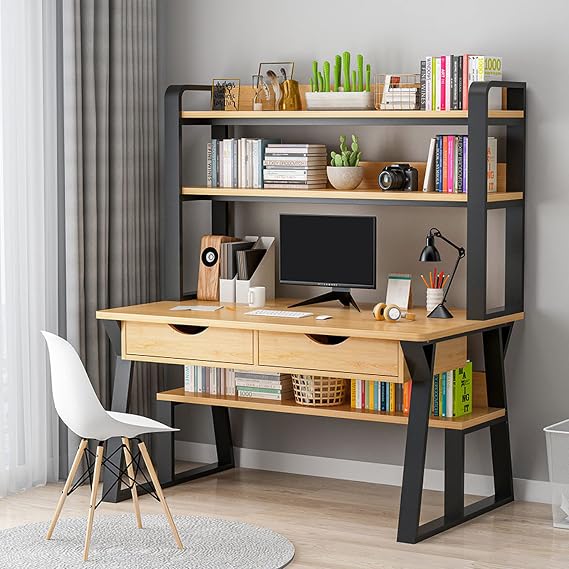 Computer Desk with Storage Compartments and 2 Drawers Home Office Study Modern Simple Style Laptop (47", Pear)