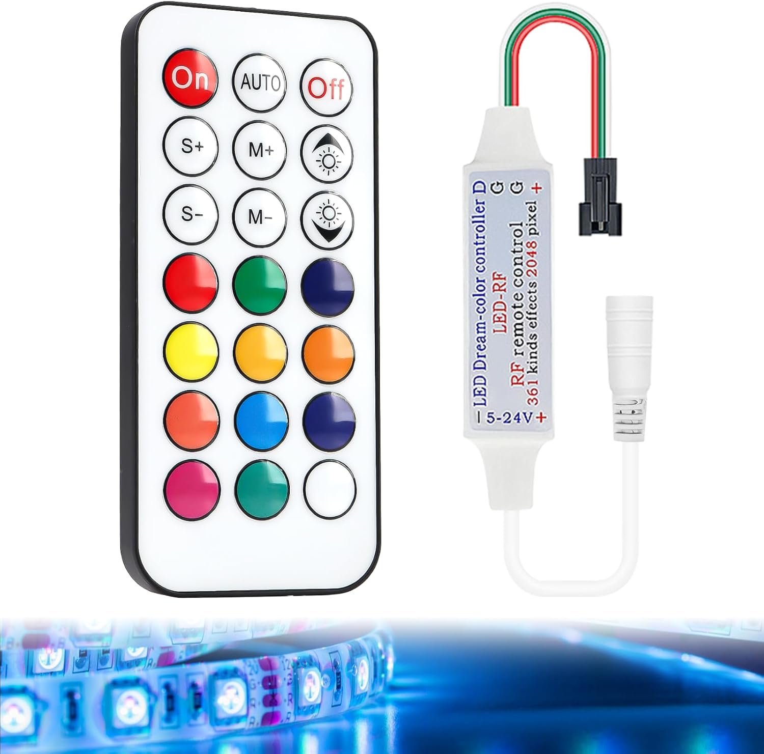 DC5V12V24V RF Wireless Remote LED Controller,Addressable Mini LED Strips Compatible with WS2812B and WS2811 Led-Lights,3 Pin JST Connector,21 Key Remote,Max 2048 Pixel Capacity [Energy Class A]