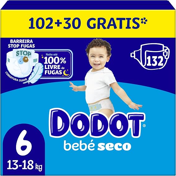 Dodot Baby-Dry Diapers, Size 6 (13-18 kg), 132 Nappies + 1 Pack of 10 Aqua