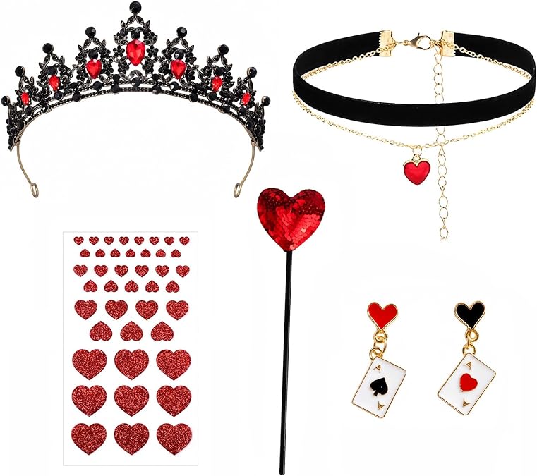 5Pcs Red Heart Queen Accessories Set with Queen Crown Earring Necklace Wand