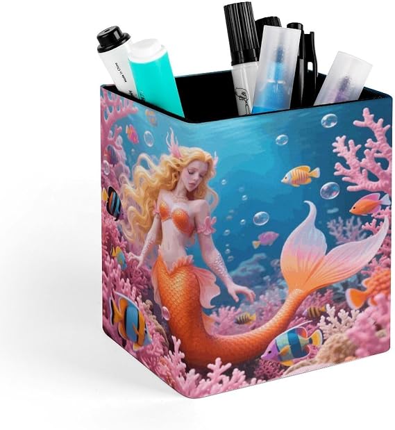 PU Leather Desk Coral Reef Mermaid Pen Holder Compact Scratchproof