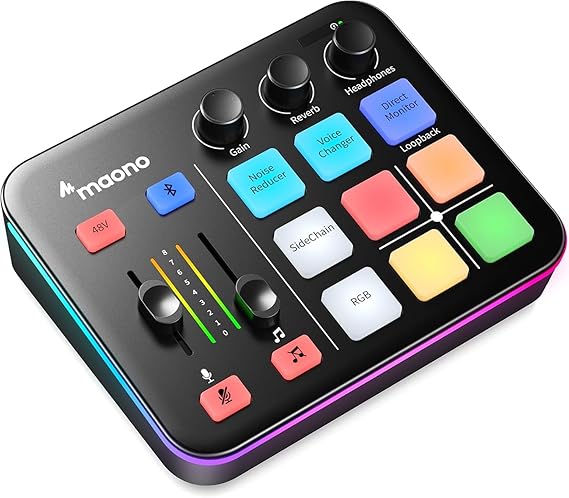 MAONO Oyun Ses Mikseri, Pro-preamp ile Ses Arayüzü, RGB, Bluetooth, Canlı Yayın için 48V Phantom Power, Podcasting, İçerik Oluşturma, Oyun MaonoCaster G1 NEO (SİYAH)