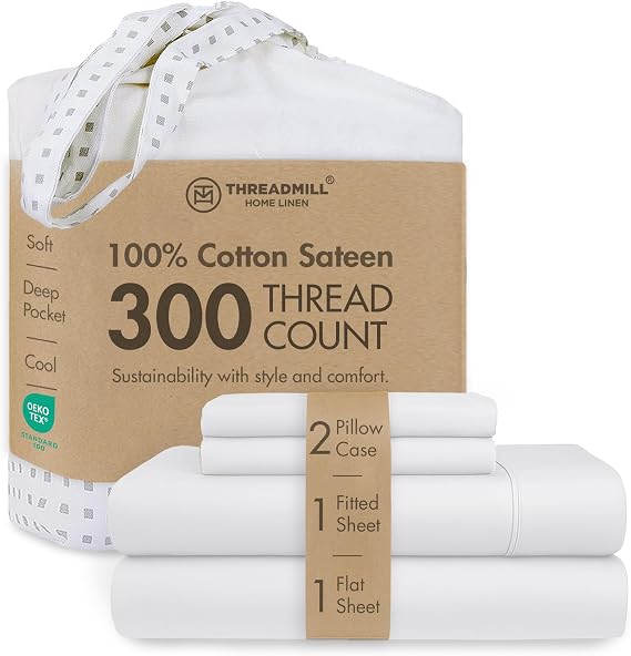 Threadmill Home Linen Queen Sheets - Pure Long Staple Cotton Sateen Weave, 4 Piece 300 Thread Count Bedding Set, Solid Hotel White Sheets with Elasticized Deep Pocket