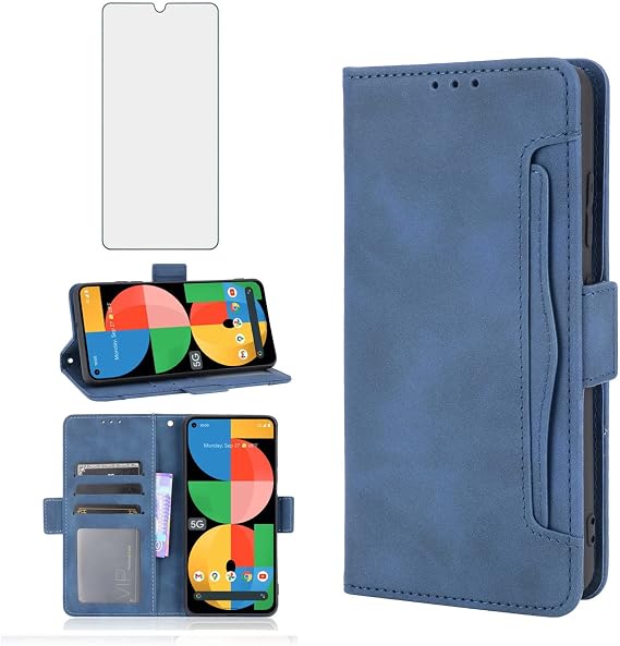 Asuwish Compatible with Google Pixel 5a 5G Wallet Case Tempered Glass Screen Protector Leather Flip Cover Card Holder Cell Accessories Phone Cases for Pixel5a5G Pixel5a a5 G5 Pixle 5a5G 2021 Blue
