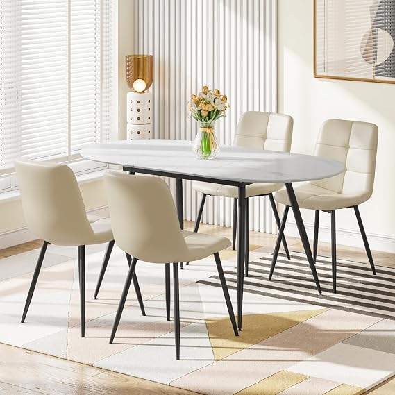 Extendable Dining Table and Chairs Set 4, 120-160cm Oval Marble Effect Table with 4 Beige Upholstered PU Chairs for Dining Room, Kitchen