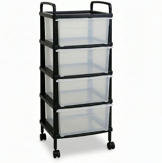 ABBAware 4-Tier Storage Drawer Tower | Mobile Drawer Cabinet on Wheels | Clear Drawers & Black Frame, Multi-Use Organiser
