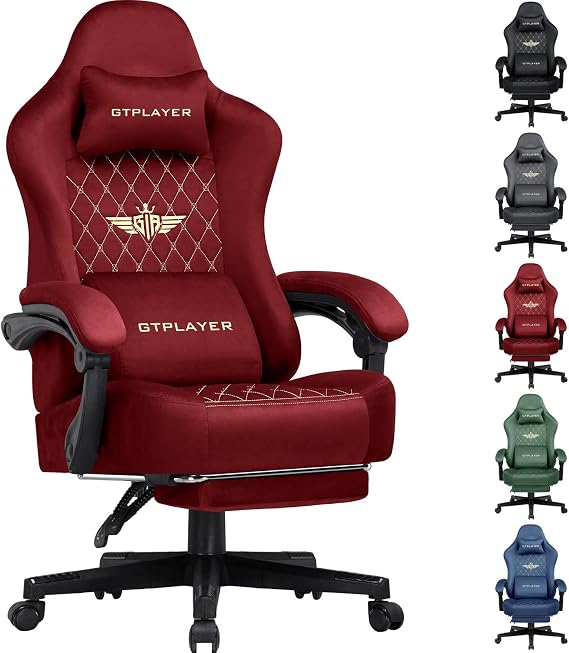 GTPLAYER Fabric Gaming Chair, Ergonomic Computer Chair with Footrest and Lumbar Support Height Adjustable Home Office Chair with 360°-Swivel Seat and Headrest (Red)