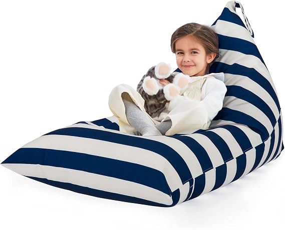 Stuffed Animal Storage Bean Bag Chair Cover Only for Kids and Adults, Extra Large Beanbag Without Filling Plush Toys Holder and Organizer- Premium Canvas 250L (Blue and White Stripes)