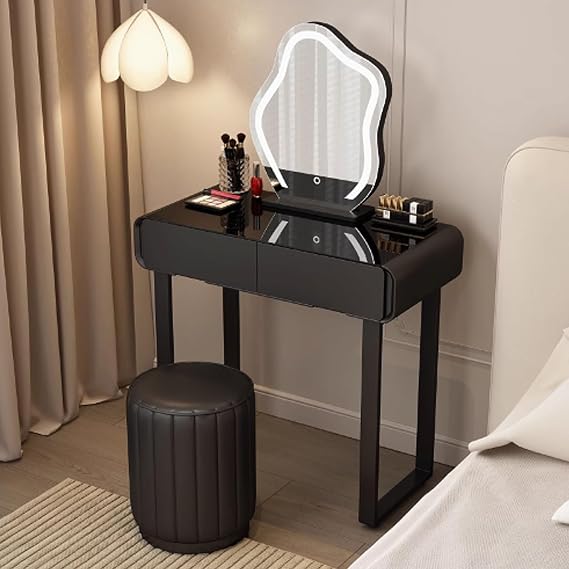 Makeup Vanity Desk, Small Vanity Table, Makeup Vanity with Lights and Mirror, Black Vanity Desk with Chair Tempered Glass for Bedroom, Makeup Studio(Round stool,70x40x78cm)