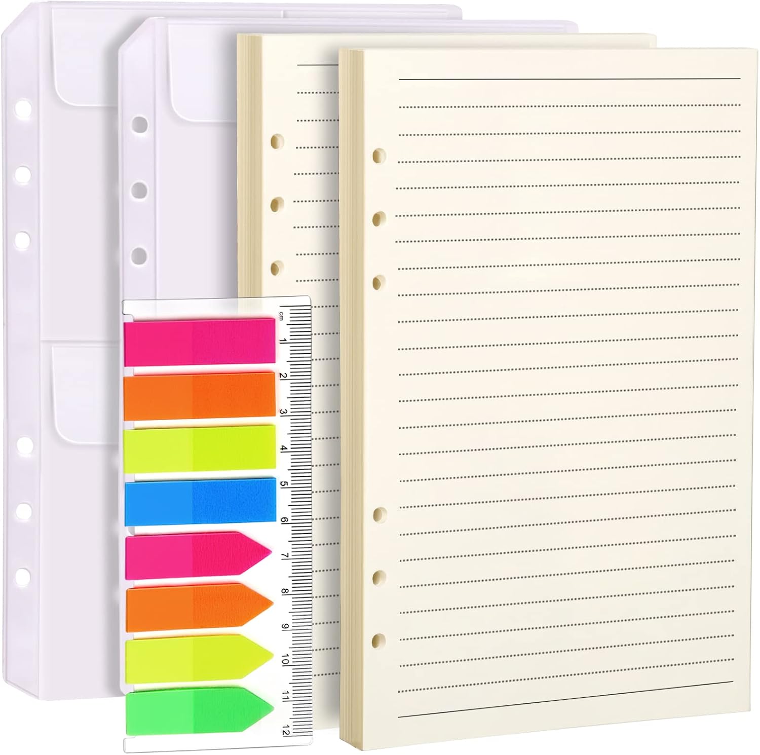 LEOBRO A5 Refill 2 Pack Ruled Line 2PCS Binder Pockets 160 Pcs Note Flags Index Tabs with Ruler 6 Hole Loose Leaf for 6 Ring A5 Binder Notebook