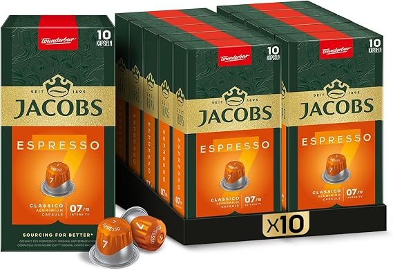 JACOBS - Espresso 7 Classico - Medium Density - Balanced and Fruity - Espresso Capsules - 10 aluminum capsules x 10 Pieces