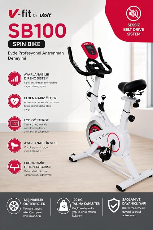VFİT SB100 Pro Beyaz Spin Bike Elden Nabız Ölçer Direnci Ayarlanabilir Sessiz Çalışır, Beyaz