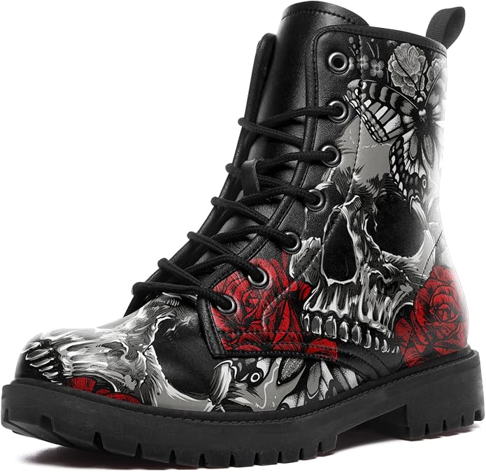 Custom Black Combat Boots for Women Fashion Lace-Up Skull Rose Ankle Booties Chunky Heel Platform Leather Boots