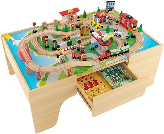 Train Table, 84 Pieces Wooden Kids Activity Toy Table Playset with Reversible Detachable Tabletop, Tracks, Train, Railway, City, Gift for Toddler Boys Girls (84PCS With Drawer)