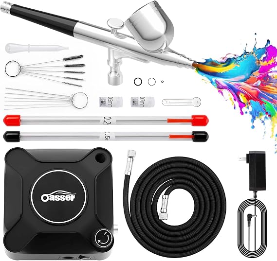Oasser Airbrush Compressor Kit 36 PSI, Dual Action Air Brush Suit 0.2 0.3 0.5 mm Nozzle for Model, Tattoo, Makeup, Cake,Nail Art,Miniatures,Include Brushes Set (36 PSI)