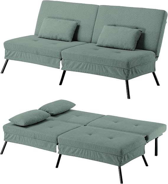 LUCKRACER Sofa Bed Fabric 2 Seater Click Clack Sofa Bed 5-Gear Back Angle Adjustable Futon Sofa Recliner Lounge for Living Room Bedroom (Olive Green-Corduroy)