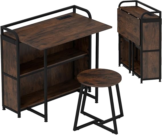 CASART Folding Desk with Stool, 90cm Computer Desk and Stool Set with Charging Station & Storage Shelves, Space Saving PC Laptop Writing Table Chair Set for Home Office (Rustic Brown)