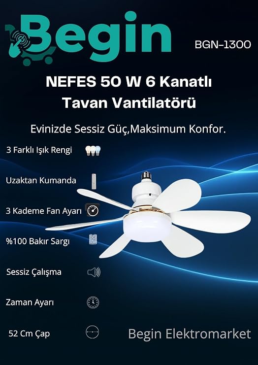 Begin 6 Kanatlı tavan vantilatör uzaktan kumandalı led ışıklı [Enerji Sınıfı F]