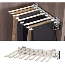 mopam Pull Out Trousers Rack 9 Arms Retractable Closet Pants Hanger Side Mounted Space Saving Trouser Hanger Rack, Right Side Installation, Beige