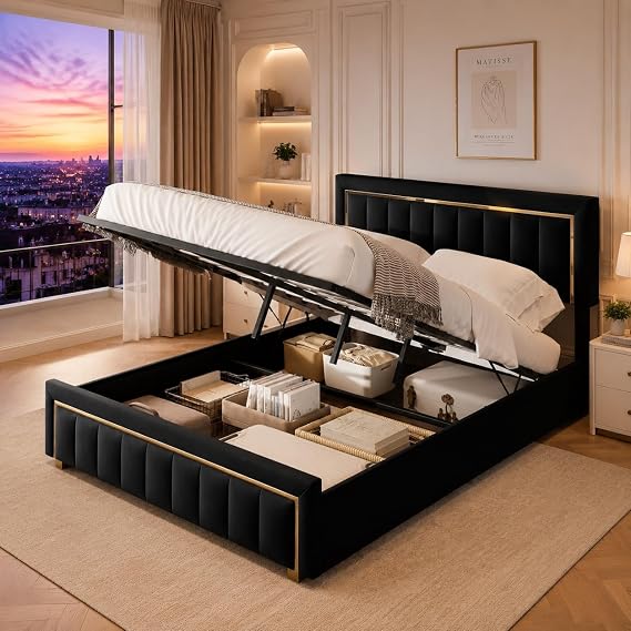 4FT6 Ottoman Double Bed Frame with Hydraulic Storage, 135x190cm Velvet Upholstered Bed with Tufted Headboard & Footboard, Lift Up Storage Base, Black (Black, 135×190)