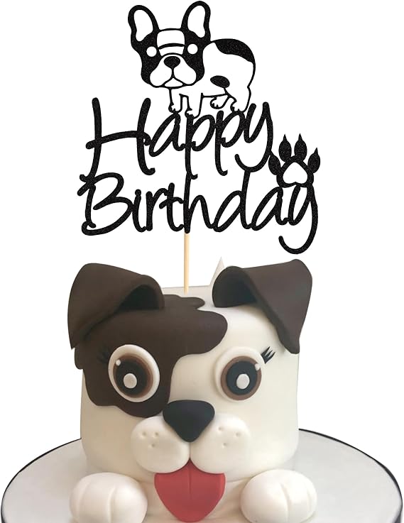 Happy Birthday Dog Cake Topper Dog Birthday Theme Picks for Pet Party Decorations Supplies - Black Glitter