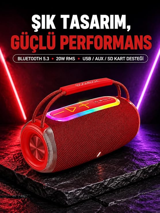 RGB LED Işıklı 20W Taşınabilir Bluetooth Hoparlör IPX6 Suya Dayanıklı