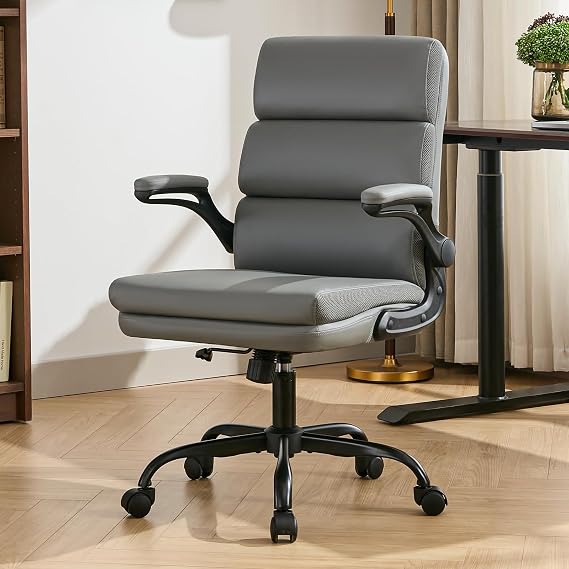 LukkDys Executive Office Chair with Flip-Up Armrests, 3-Stage Lumbar Support, Ergonomic Mid Back PU Leather Swivel Chair, Comfy Desk Chair with Tilt & Wheels, Height Adjustable for Home Office,Grey