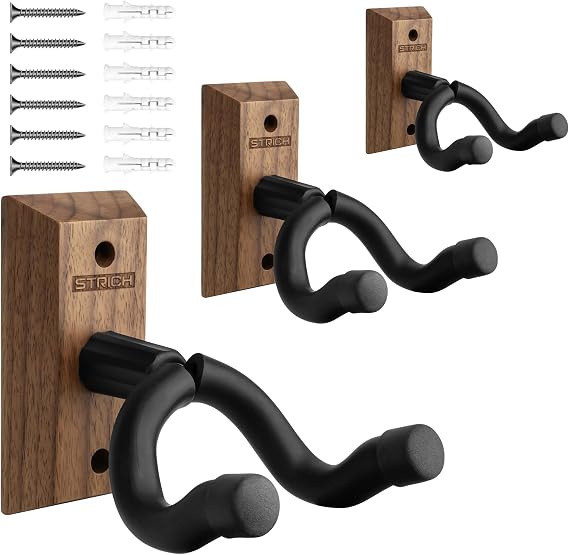STRICH Guitar Wall Mount, Black Walnut Wood Guitar Wall Hanger, U-Shaped Guitar Stand Holder Hook for Acoustic Electric Guitars, Bass, Ukulele, Violin, Mandolin, Banjo (3 Pack)