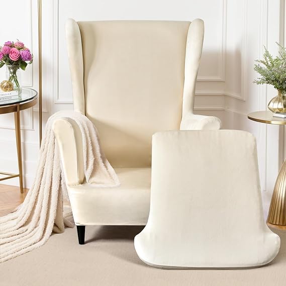 Wingback Chair Covers 2 Piece Set Stretch Wing Chair Cushion Sofa Slipcovers, Removable Velvet Wing Back Armchair Slipcovers Furniture Protector for Living Room Bedroom Hotel