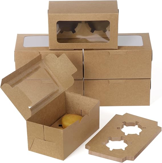 Coolty 50pcs Cupcake Boxes 2 Holes with Window and Insert Bakery Pastry Packaging Boxes for Muffins Cupcakes Small Cakes Desserts Cookies Pies (Brown)