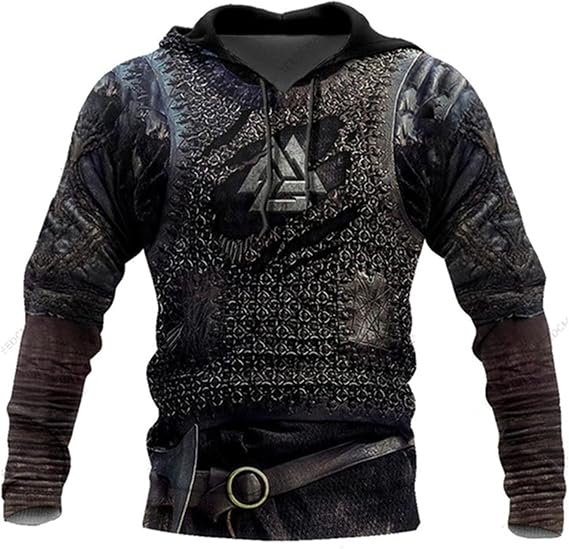 Men's Viking Hoodie Fashion Viking Tattoo 3D Printed Pullover Long Sleeve Sweatshirt Jacket Tops Streetwear