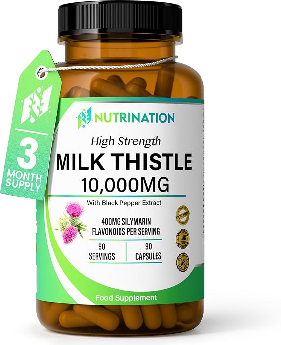 Milk Thistle High Strength 10000mg | Market-Leading Silymarin 400mg per Capsule | 90-Day Supply | Milk Thistle Capsules (Not Tablets) with Black Pepper | Food Supplement | Lab Tested
